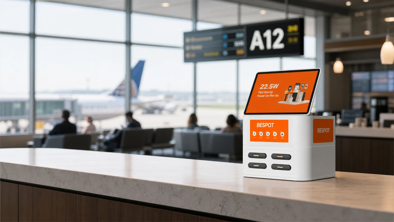 BESPOT BST-0331 four-slot charging station with screen in an airport