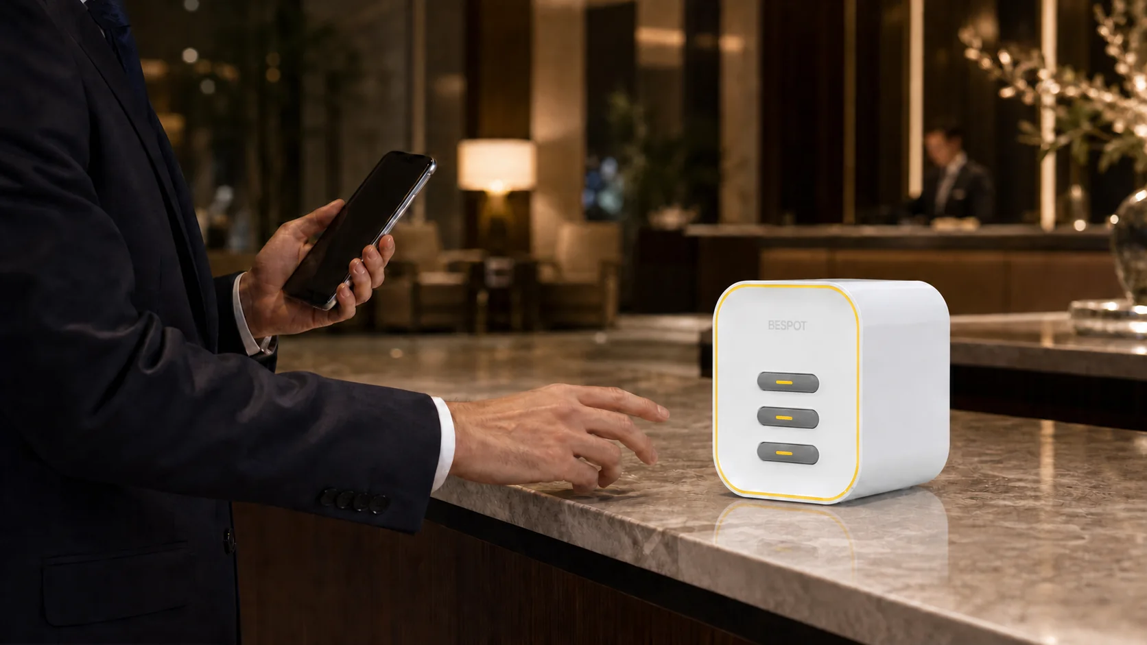 BESPOT three-slot charging station in a hotel lobby